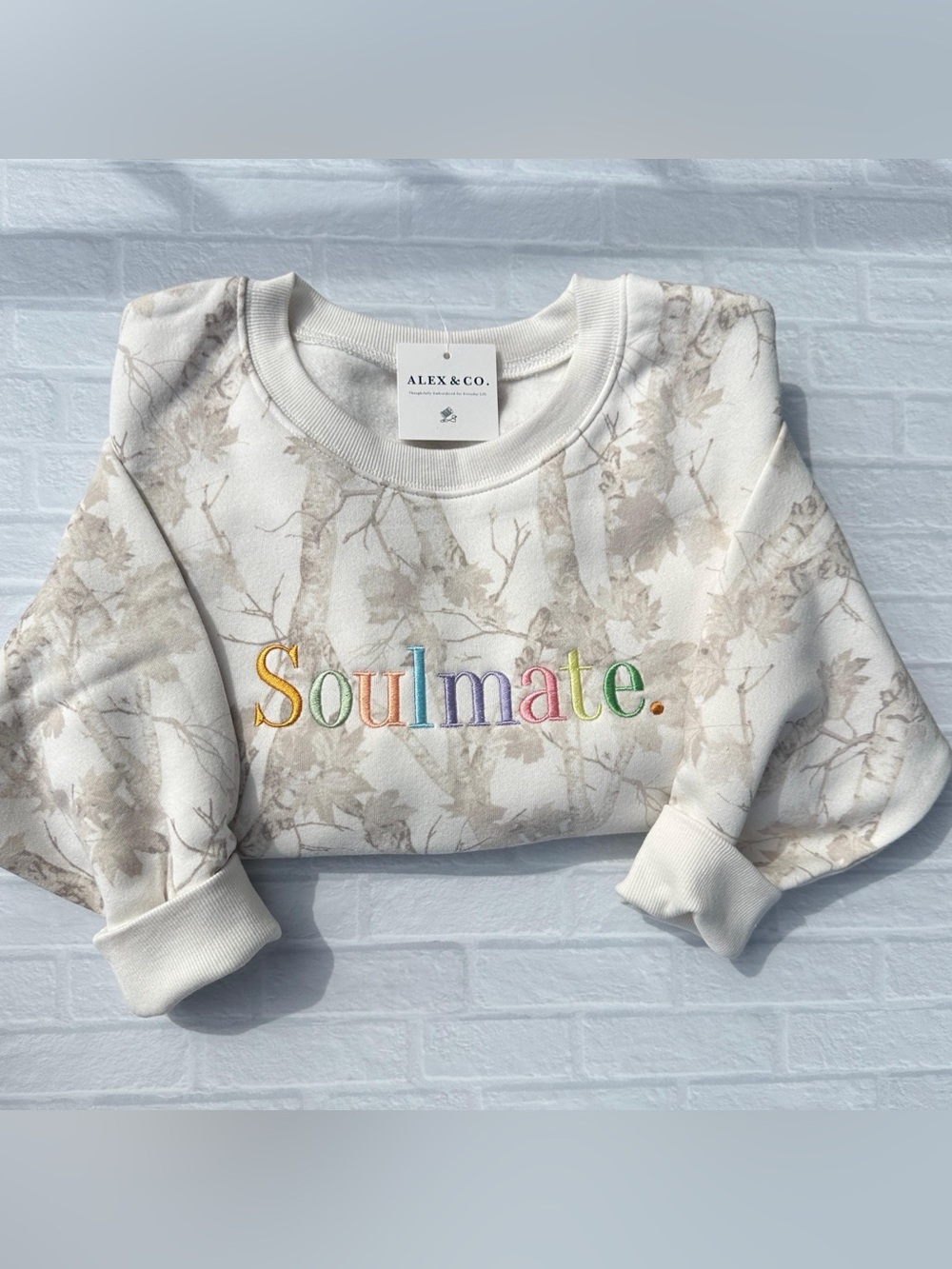 Soulmate Embroidered Sweatshirt, Women’s Boxy Camo Crewneck, Colorful Embroidery